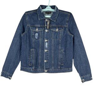 New Look Women's Distressed Blue Denim Jacket Size M Button-Down Cotton NWT
